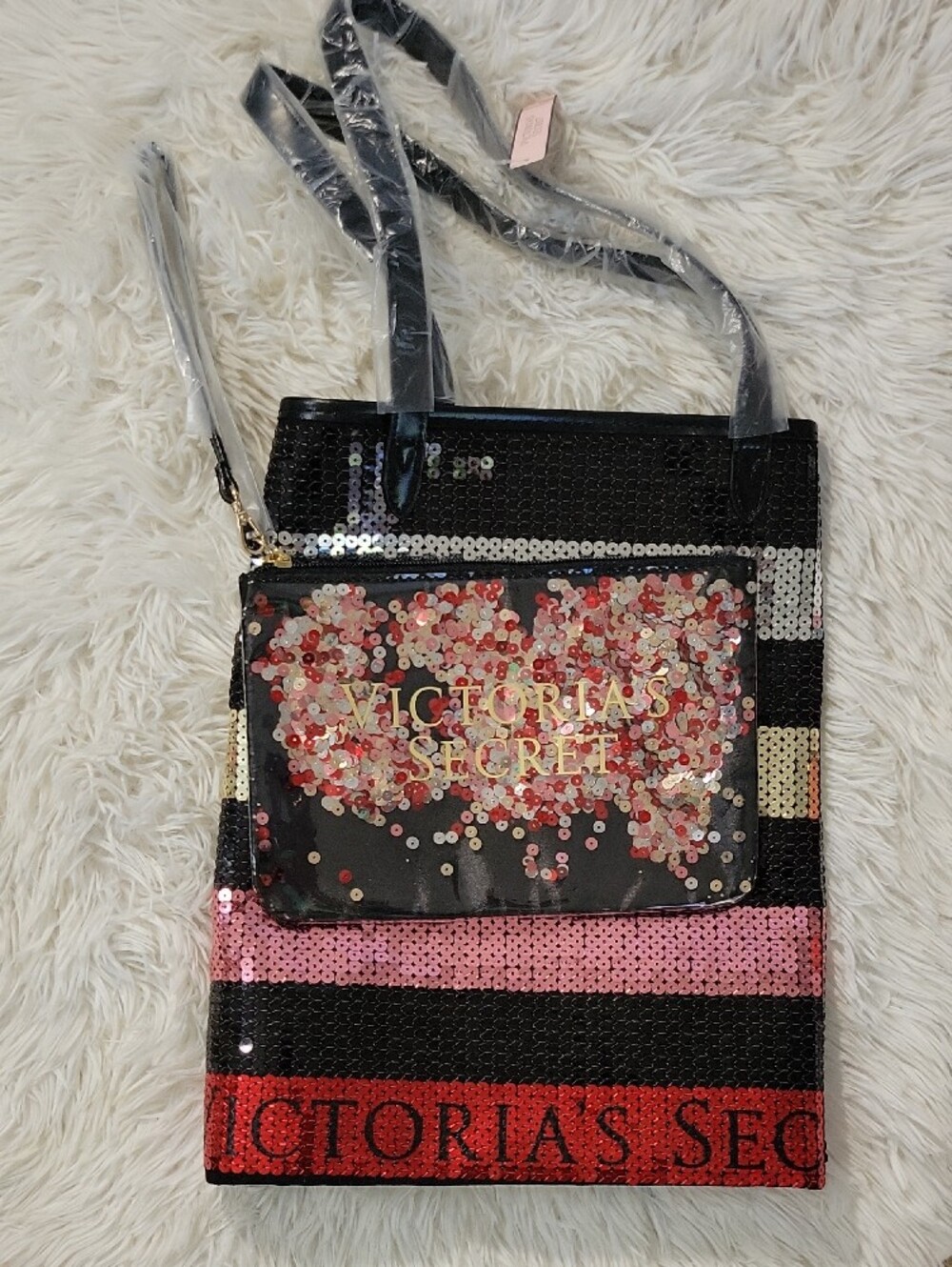 Victoria's Secret Black Sequin Stripe Tote - Pink & Gold Accent - Picture 3 of 12